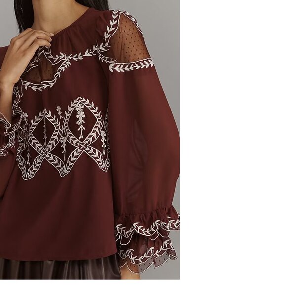By Anthropologie Long-Sleeve Appliqué Blouse TOP XS new wine - Picture 2 of 5